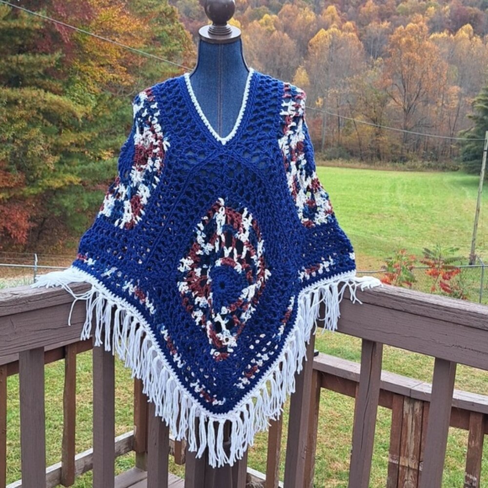 Hand Crafted Crochet Chunky Navy Blue White Burgundy Poncho Essential Boho - Picture 13 of 13